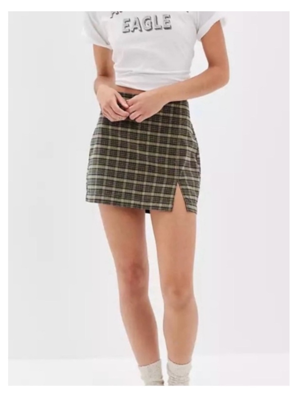 AMERICAN EAGLE High Rise Stretch Mini Skirt in Olive/Navy Plaid Sz 2